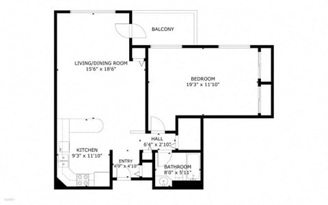 Floor plan for 1 bed, 1 bath, 820 sqft